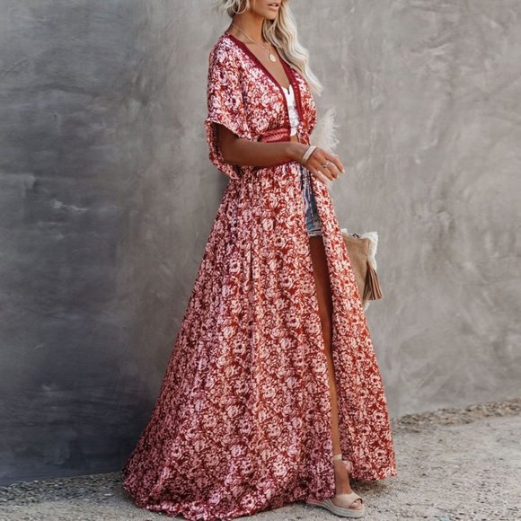 New Red Floral & Lace Kimono Maxi Beach Dress Cover-Up - Picture 3 of 12